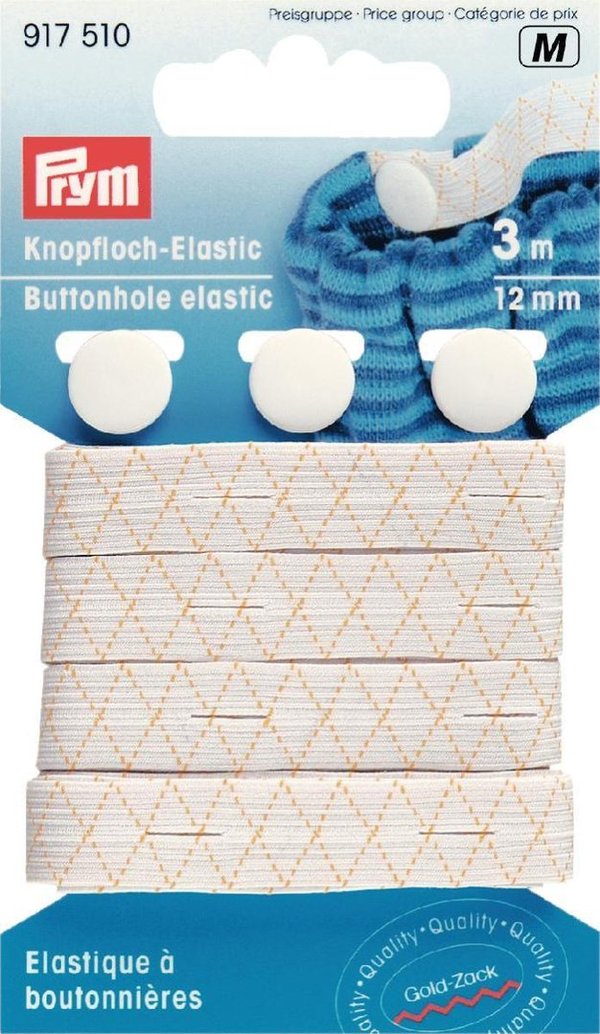 Knopfloch-Elastic mit 3 Knöpfen, 12mm weiss 3 meter