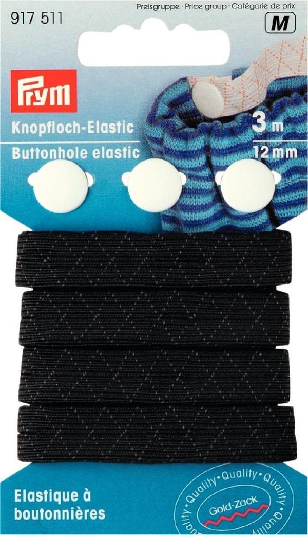 Knopfloch-Elastic mit 3 Knöpfen, 12mm schwarz 3 meter